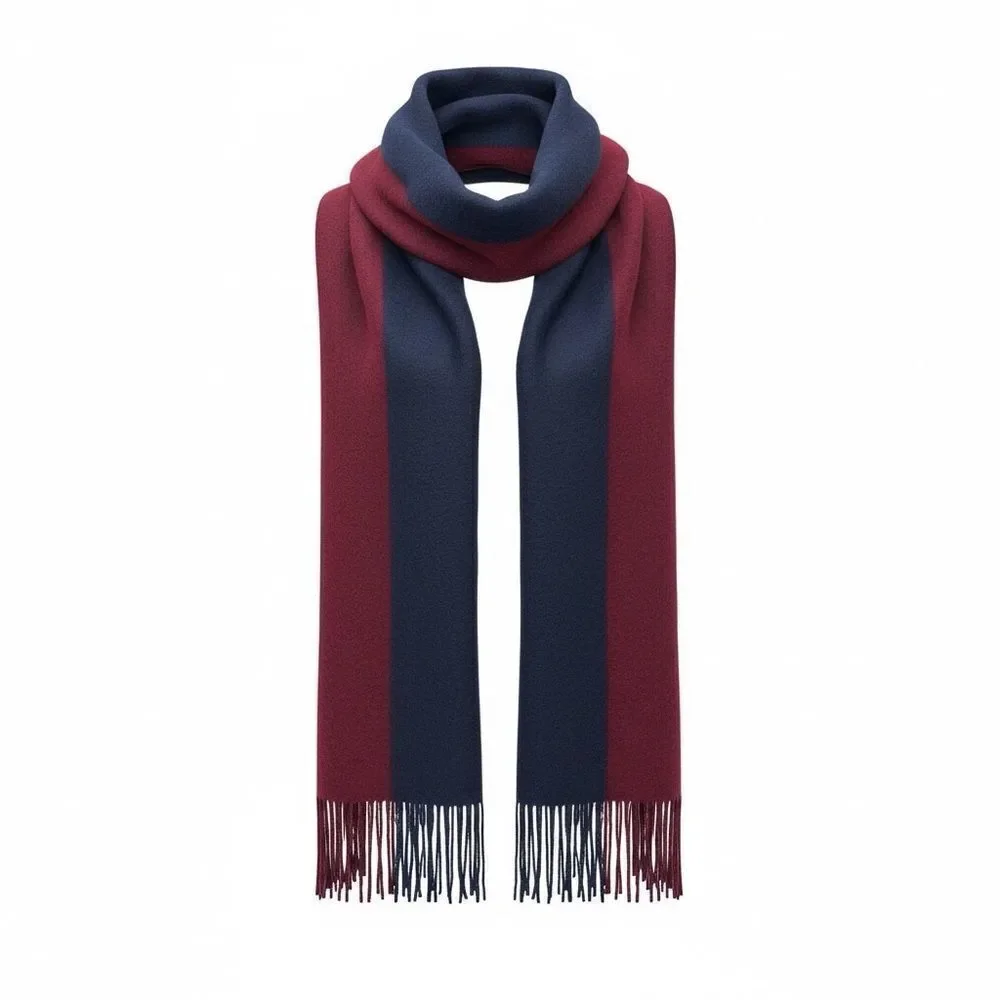 Hermes Bordeaux & Navy Blue 100% Cashmere Kasak Fringed Shawl Wrap Scarf Auth